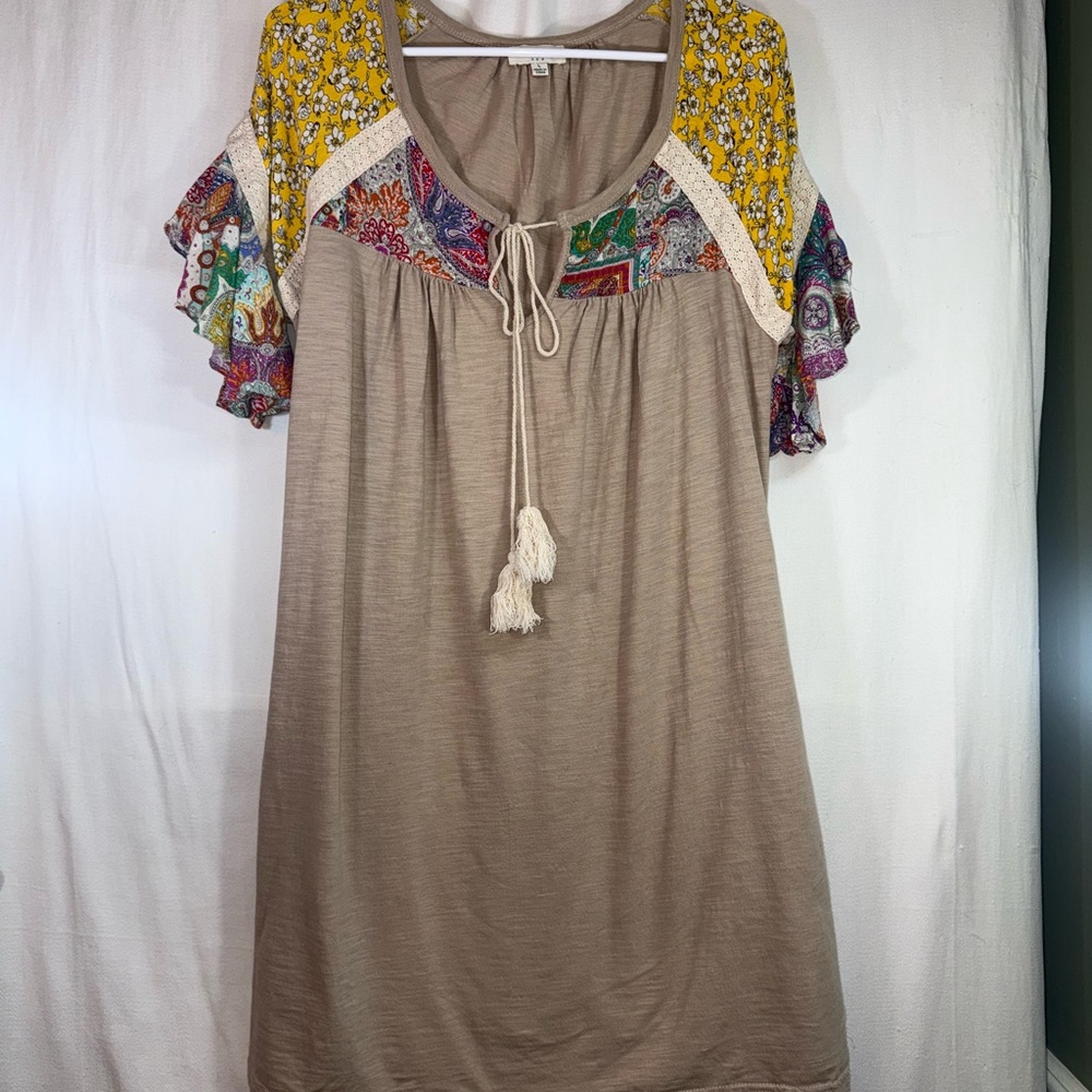 Beige Boho Patchwork Sleeve Dress with Tassel Tie
